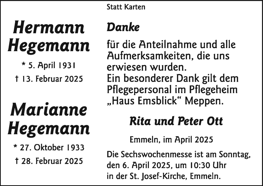  Traueranzeige für Hermann Hegemann vom 05.04.2025 aus Neue Osnabrücker Zeitung GmbH & Co. KG