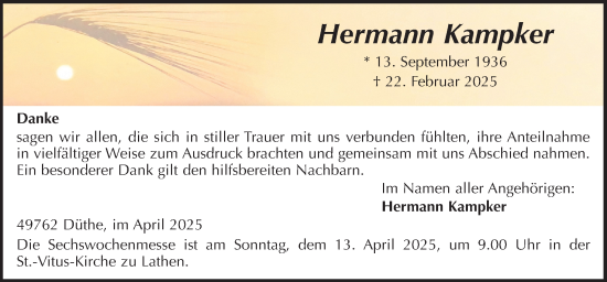 Traueranzeige von Hermann Kampker von Neue Osnabrücker Zeitung GmbH & Co. KG
