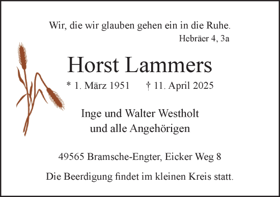 Traueranzeige von Horst Lammers von Neue Osnabrücker Zeitung GmbH & Co. KG