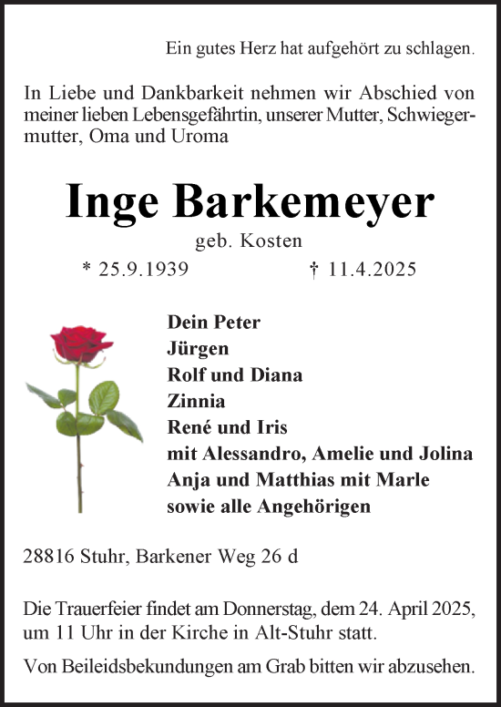 Traueranzeige von Inge Barkemeyer von DK Medien GmbH & Co. KG