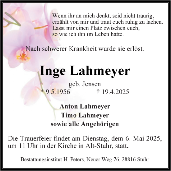 Traueranzeige von Inge Lahmeyer von DK Medien GmbH & Co. KG