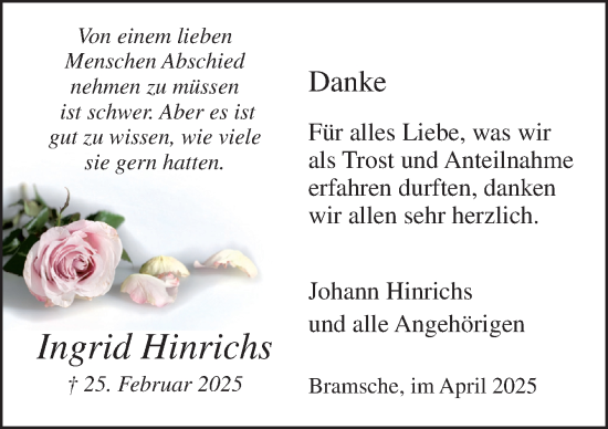 Traueranzeige von Ingrid Hinrichs von Neue Osnabrücker Zeitung GmbH & Co. KG