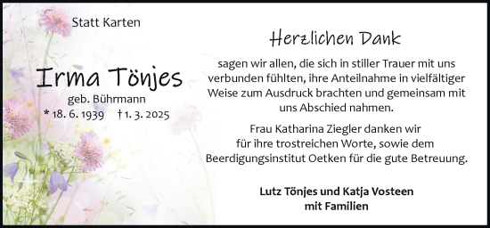 Traueranzeige von Irma Tönjes von DK Medien GmbH & Co. KG