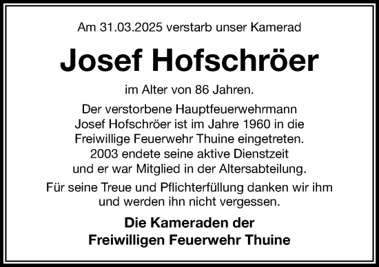 Traueranzeige von Josef Hofschröer von Neue Osnabrücker Zeitung GmbH & Co. KG