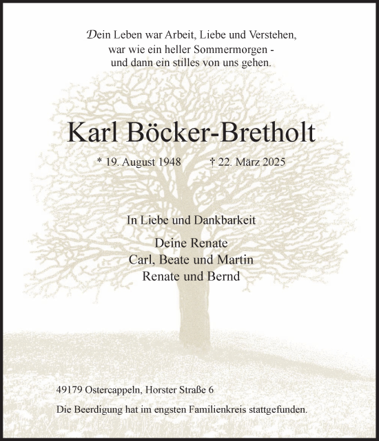 Traueranzeige von Karl Böcker-Bretholt von Neue Osnabrücker Zeitung GmbH & Co. KG