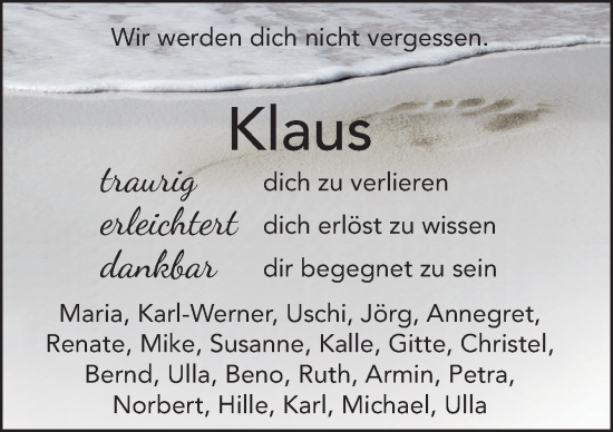 Traueranzeige von Klaus  von Neue Osnabrücker Zeitung GmbH & Co. KG