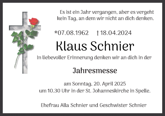 Traueranzeige von Klaus Schnier von Neue Osnabrücker Zeitung GmbH & Co. KG