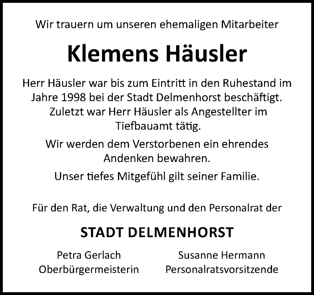  Traueranzeige für Klemens Häusler vom 11.04.2025 aus DK Medien GmbH & Co. KG