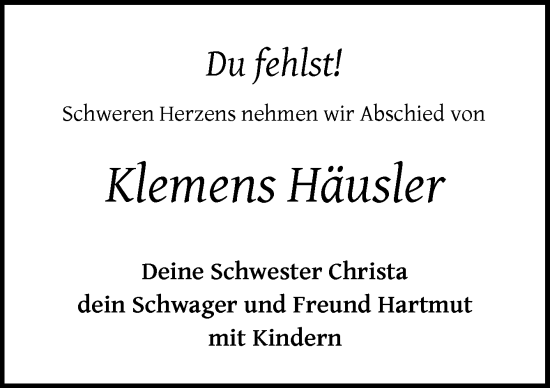 Traueranzeige von Klemens Häusler von DK Medien GmbH & Co. KG