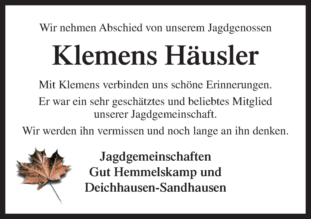  Traueranzeige für Klemens Häusler vom 05.04.2025 aus DK Medien GmbH & Co. KG