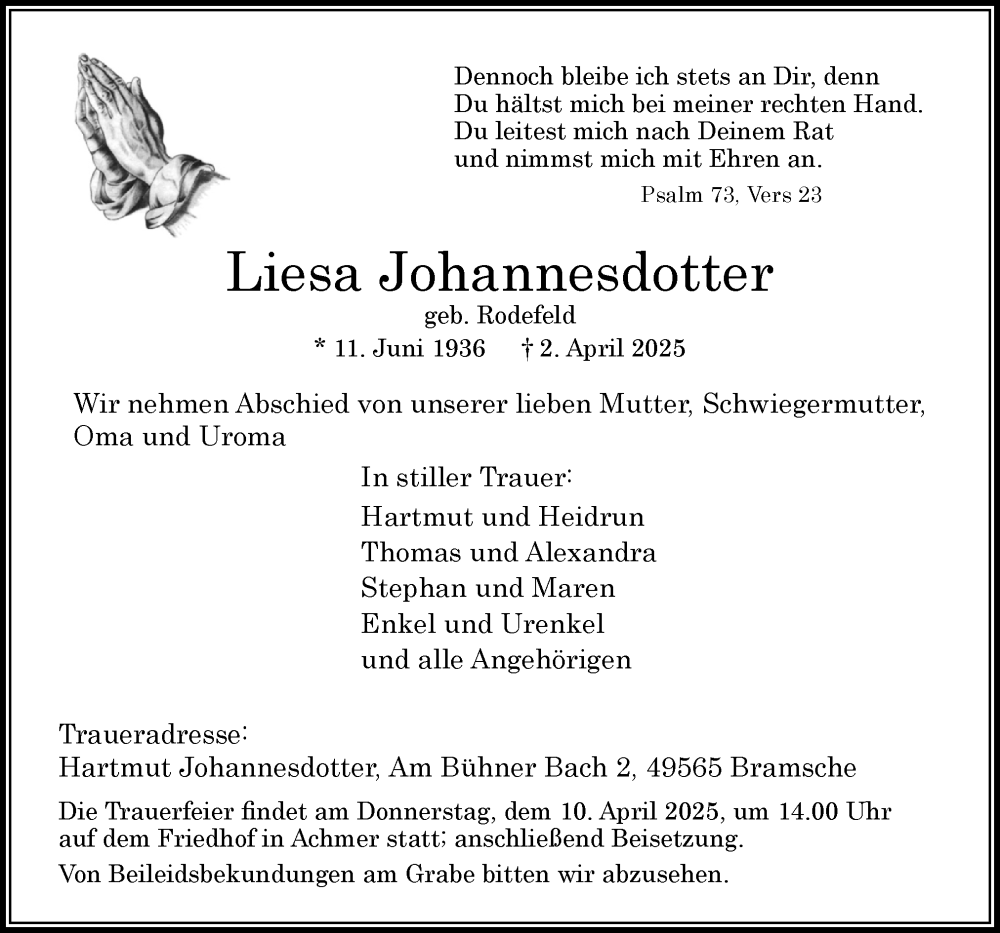  Traueranzeige für Liesa Johannesdotter vom 07.04.2025 aus Neue Osnabrücker Zeitung GmbH & Co. KG