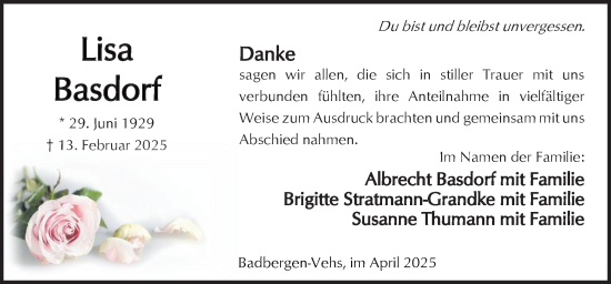 Traueranzeige von Lisa Basdorf von Neue Osnabrücker Zeitung GmbH & Co. KG