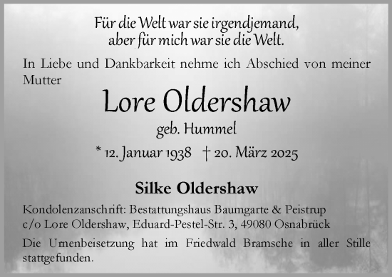 Traueranzeige von Lore Oldershaw von Neue Osnabrücker Zeitung GmbH & Co. KG