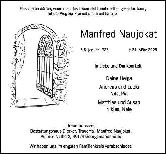 Traueranzeige von Manfred Naujokat von Neue Osnabrücker Zeitung GmbH & Co. KG