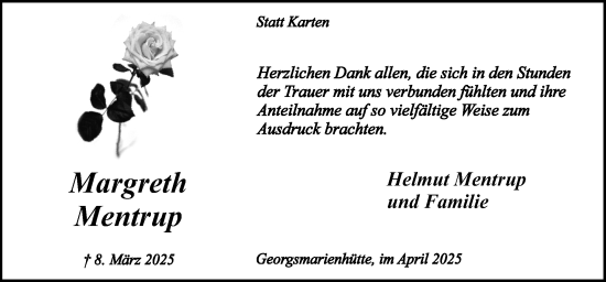 Traueranzeige von Margreth Mentrup von Neue Osnabrücker Zeitung GmbH & Co. KG