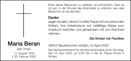 Traueranzeige von Maria Beran von Neue Osnabrücker Zeitung GmbH & Co. KG