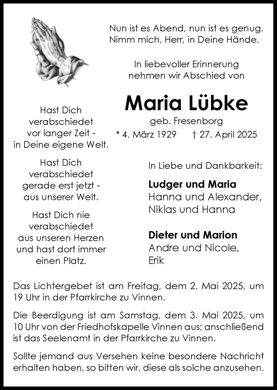 Traueranzeige von Maria Lübke von Neue Osnabrücker Zeitung GmbH & Co. KG