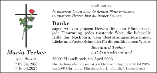 Traueranzeige von Maria Tecker von Neue Osnabrücker Zeitung GmbH & Co. KG