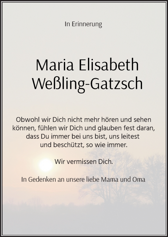 Traueranzeige von Maria Elisabeth Weßling-Gatzsch von Neue Osnabrücker Zeitung GmbH & Co. KG
