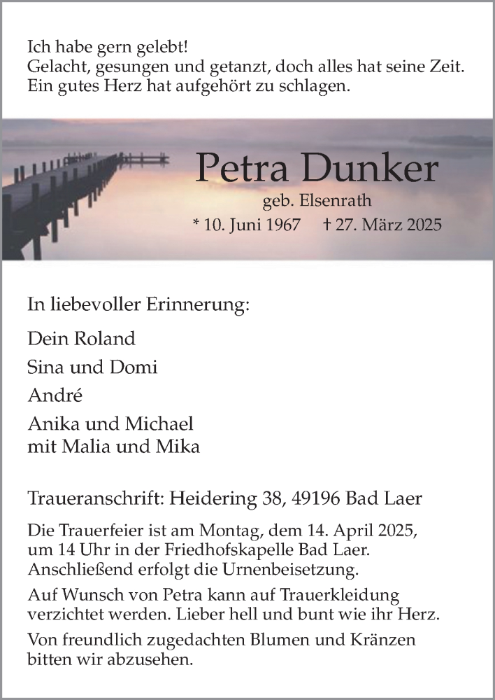  Traueranzeige für Petra Dunker vom 05.04.2025 aus Neue Osnabrücker Zeitung GmbH & Co. KG