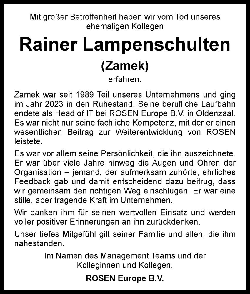  Traueranzeige für Rainer Lampenschulten vom 19.04.2025 aus Neue Osnabrücker Zeitung GmbH & Co. KG