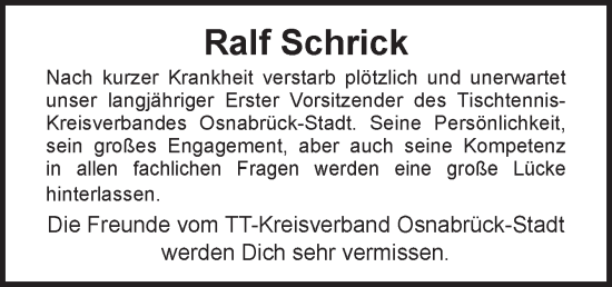 Traueranzeige von Ralf Schrick von Neue Osnabrücker Zeitung GmbH & Co. KG