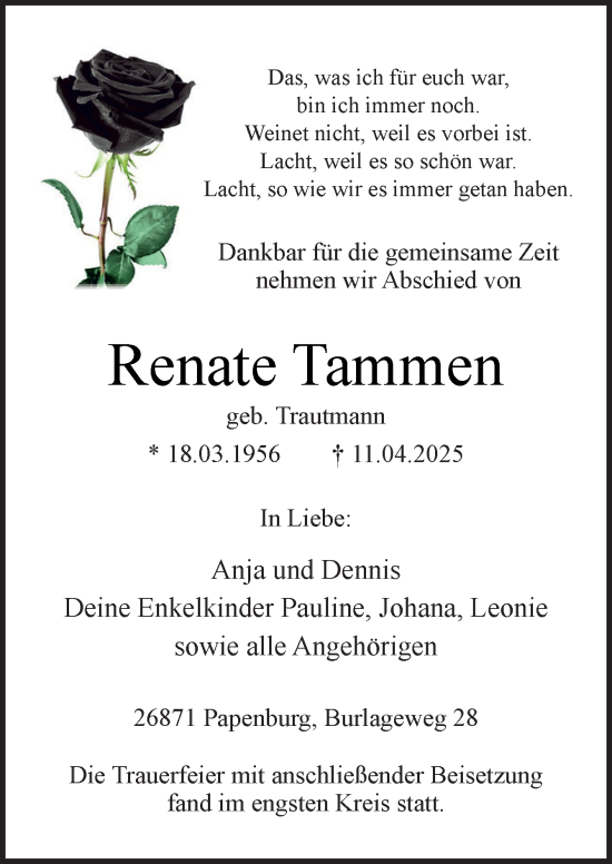Traueranzeige von Renate Tammen von Neue Osnabrücker Zeitung GmbH & Co. KG