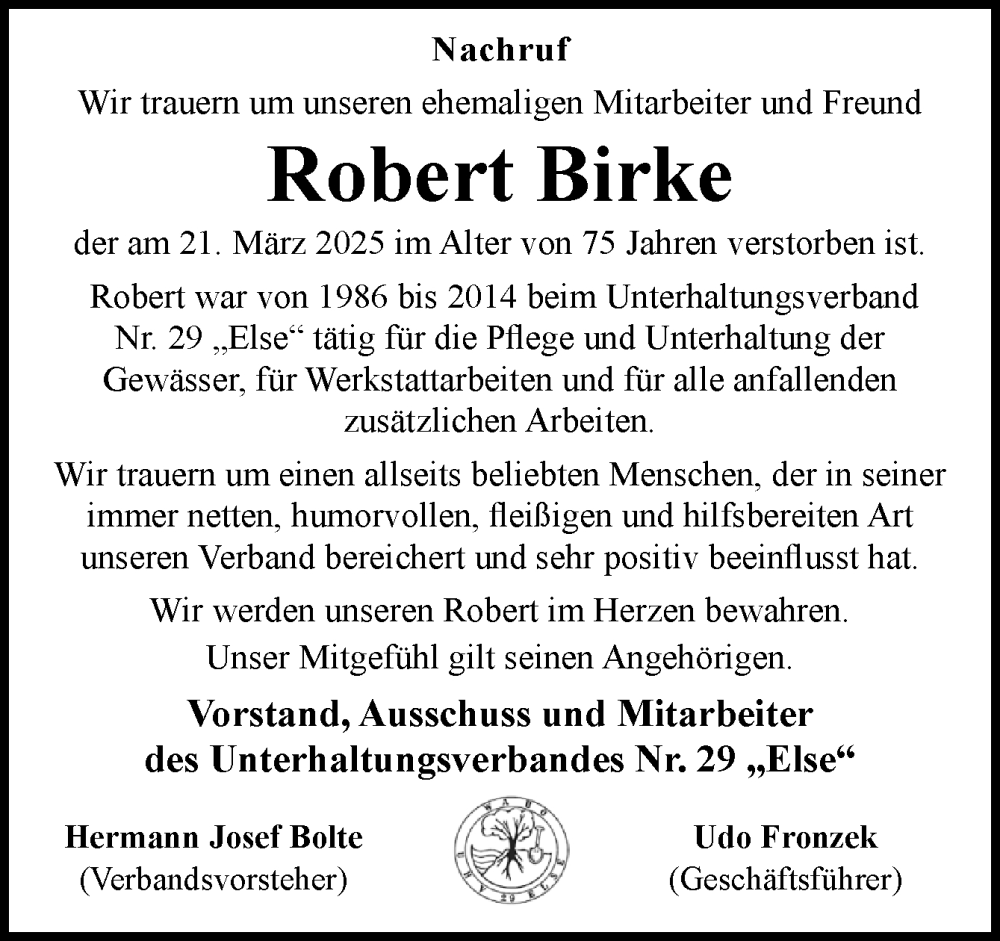  Traueranzeige für Robert Birke vom 02.04.2025 aus Neue Osnabrücker Zeitung GmbH & Co. KG