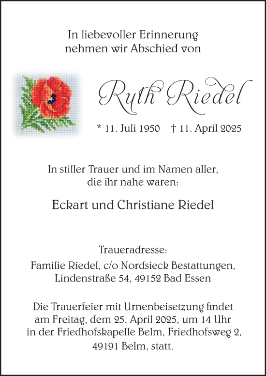 Traueranzeige von Ruth Riedel von Neue Osnabrücker Zeitung GmbH & Co. KG