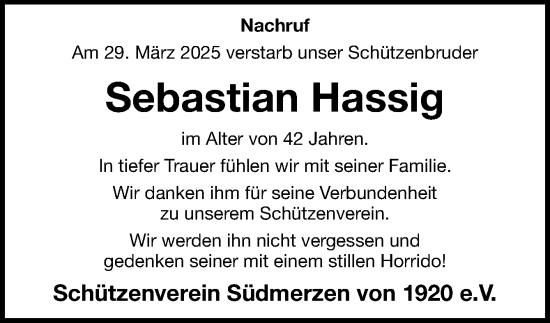 Traueranzeige von Sebastian Hassig von Neue Osnabrücker Zeitung GmbH & Co. KG