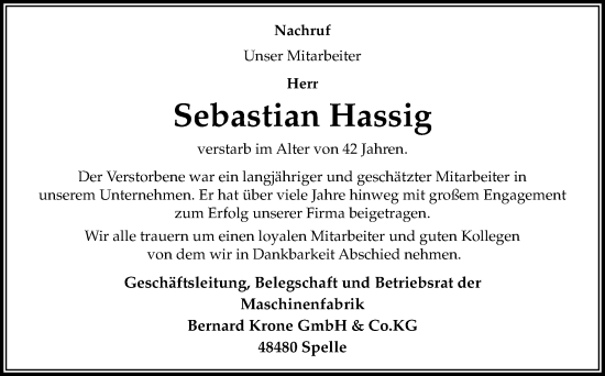 Traueranzeige von Sebastian Hassig von Neue Osnabrücker Zeitung GmbH & Co. KG