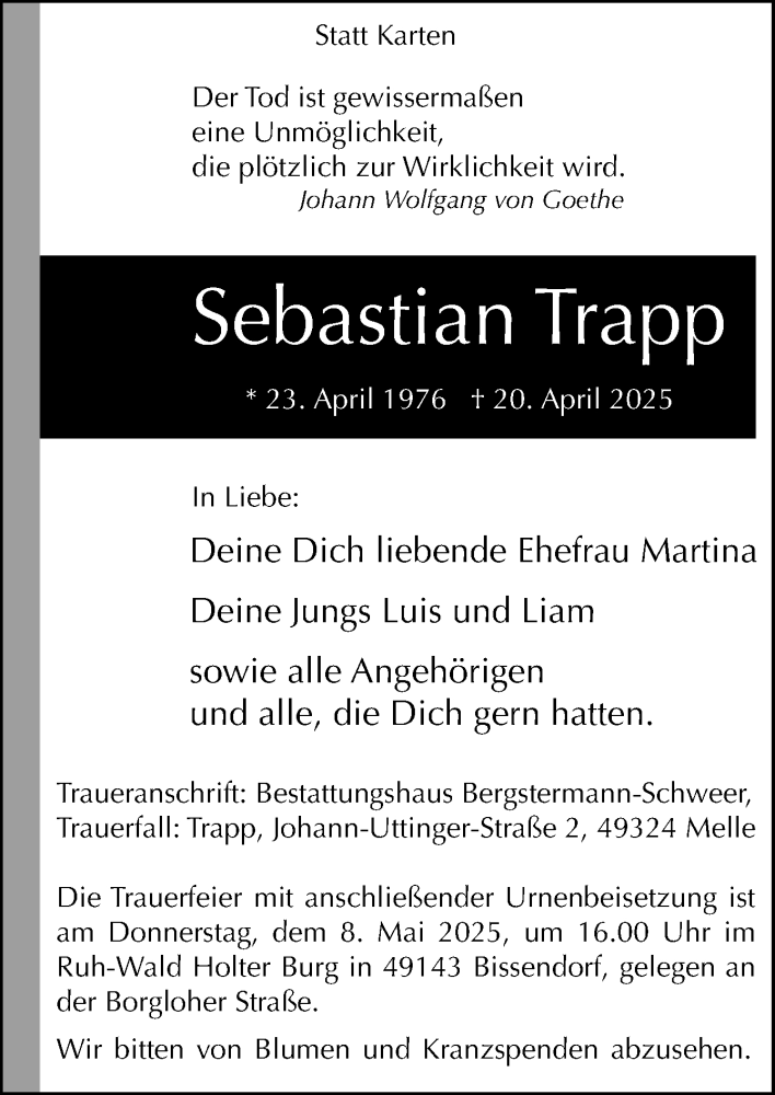  Traueranzeige für Sebastian Trapp vom 26.04.2025 aus Neue Osnabrücker Zeitung GmbH & Co. KG
