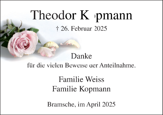 Traueranzeige von Theodor Kopmann von Neue Osnabrücker Zeitung GmbH & Co. KG