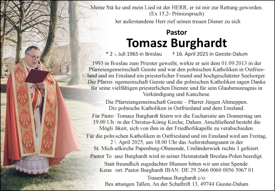 Traueranzeige von Tomasz Burghardt von Neue Osnabrücker Zeitung GmbH & Co. KG