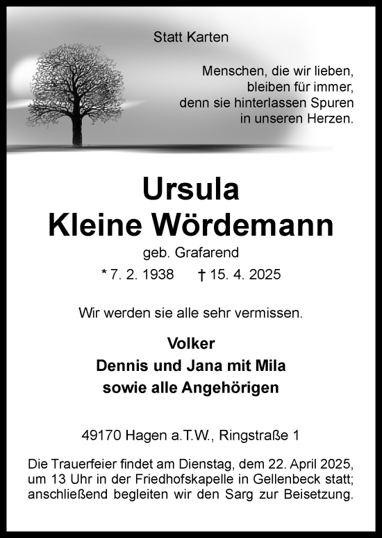 Traueranzeige von Ursula Kleine Wördemann von Neue Osnabrücker Zeitung GmbH & Co. KG