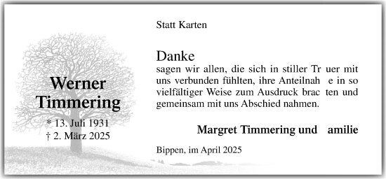 Traueranzeige von Werner Timmering von Neue Osnabrücker Zeitung GmbH & Co. KG
