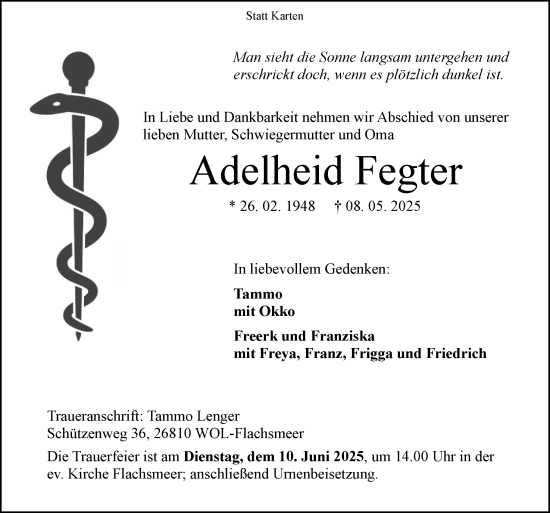 Traueranzeige von Adelheid Fegter von Neue Osnabrücker Zeitung GmbH & Co. KG