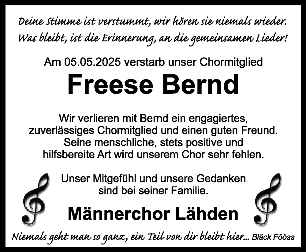  Traueranzeige für Bernd Freese vom 14.05.2025 aus Neue Osnabrücker Zeitung GmbH & Co. KG