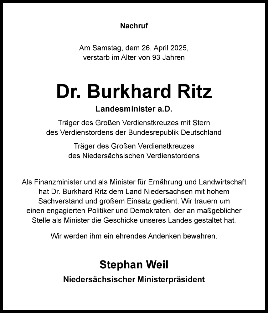  Traueranzeige für Burkhard Ritz vom 07.05.2025 aus Neue Osnabrücker Zeitung GmbH & Co. KG