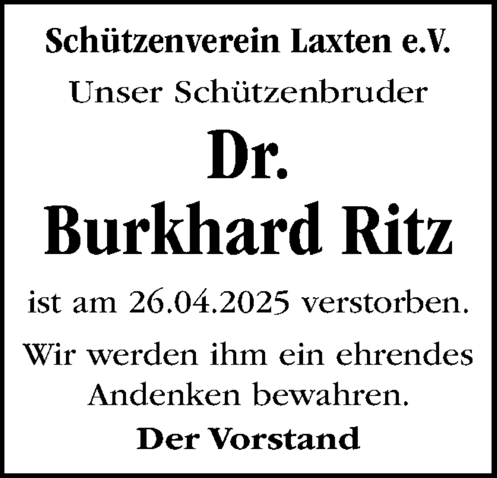  Traueranzeige für Burkhard Ritz vom 07.05.2025 aus Neue Osnabrücker Zeitung GmbH & Co. KG