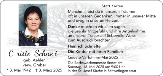 Traueranzeige von Christel Schnelte von Neue Osnabrücker Zeitung GmbH & Co. KG