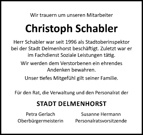 Traueranzeige von Christoph Schabler von DK Medien GmbH & Co. KG