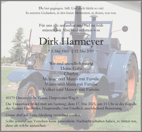 Traueranzeige von Dirk Harmeyer von Neue Osnabrücker Zeitung GmbH & Co. KG