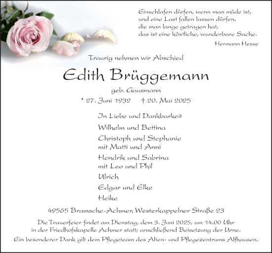 Traueranzeige von EdithBrüggemann Brüggemann von Neue Osnabrücker Zeitung GmbH & Co. KG