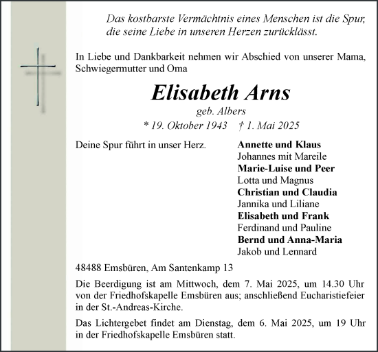 Traueranzeige von Elisabeth Arns von Neue Osnabrücker Zeitung GmbH & Co. KG