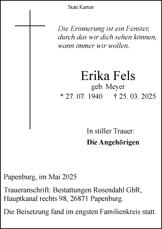 Traueranzeige von Erika Fels von Neue Osnabrücker Zeitung GmbH & Co. KG