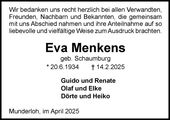 Traueranzeige von Eva Menkens von DK Medien GmbH & Co. KG