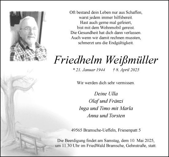 Traueranzeige von Friedhelm Weißmüller von Neue Osnabrücker Zeitung GmbH & Co. KG