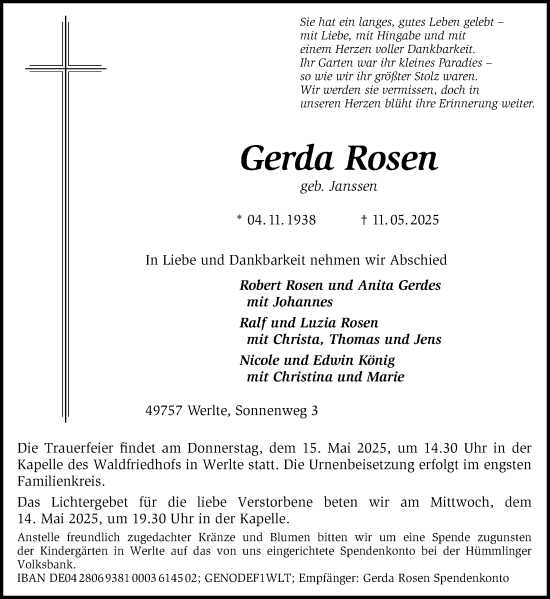 Traueranzeige von Gerda Rosen von Neue Osnabrücker Zeitung GmbH & Co. KG