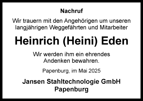 Traueranzeige von Heinrich Eden von Neue Osnabrücker Zeitung GmbH & Co. KG